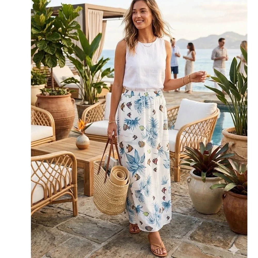 Tropical Fish Palm Print Maxi Skirt White Coastal Beach Elastic Waist Summer Vtg